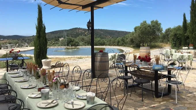 Lunch table on the terrace overlooking the pond at Karnas Vineyards